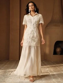 Anewsta Summer Sequin Textured Short Sleeve Half-Placket Dress, Suitable For Vacation, Daily Gatherings - Apricot - View 5