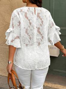 SHEIN LUNE Plus Size Women's Spring/Summer Casual Shirt With Bowknot Decor, Ruffle Sleeves, Semi-Sheer Jacquard Fabric - Beige - View 2