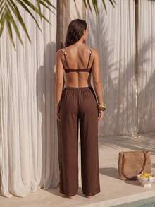 SHEIN Swim Chicsea 2026SS棕色优雅波西米亚风宽松阔腿裤，女士休闲沙滩罩衫 - 彩色 - 查看 2
