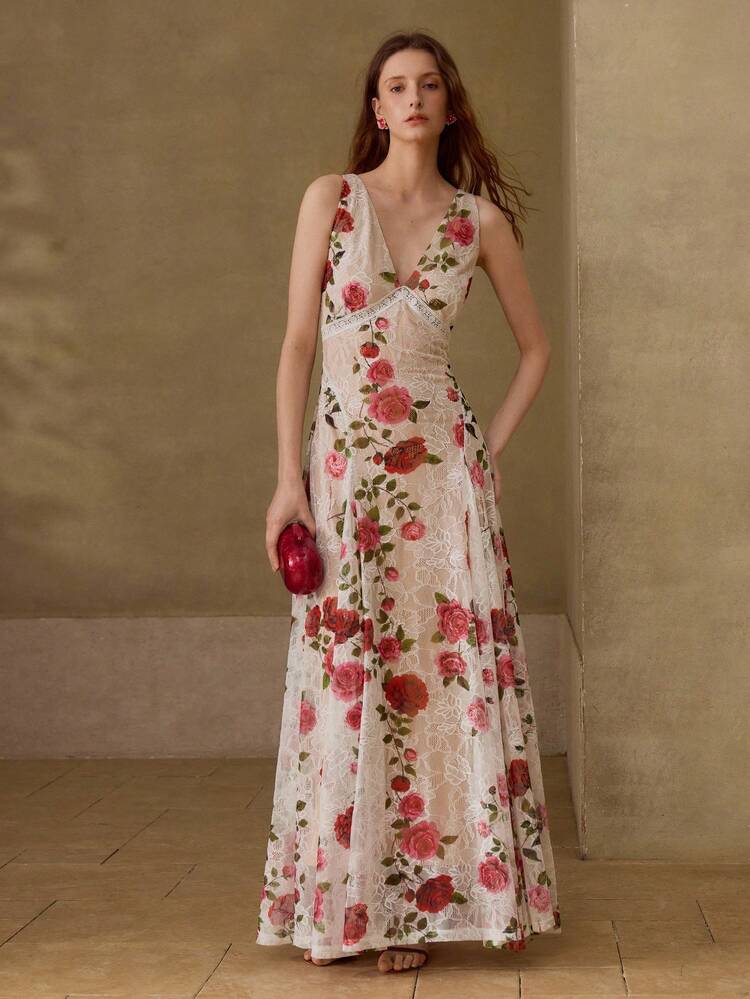 WOMEN'S ROMANTIC ELEGANT LACE FLORAL PRINT DRESS