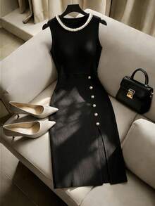 Franclia 女士休闲优雅珍珠点缀圆领无袖长连衣裙，开衩设计，饰有装饰纽扣，针织面料，适合日常穿着/度假/约会/办公/教师等场合。 - 黑色 - 查看 1