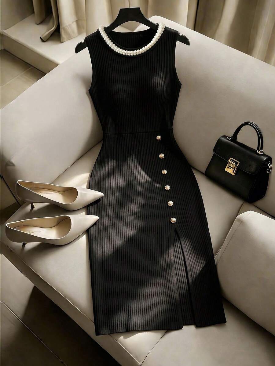 Franclia 女士休闲优雅珍珠点缀圆领无袖长连衣裙，开衩设计，饰有装饰纽扣，针织面料，适合日常穿着/度假/约会/办公/教师等场合。 - 黑色 - 查看 1