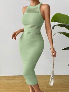 SHEIN Clasi 女士无袖休闲简约纹理镂空褶皱针织连衣裙 - 綠色 - 查看 4