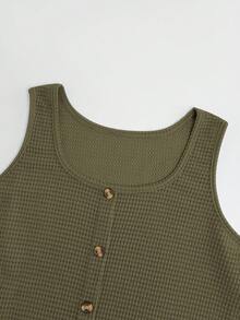 SHEIN VCAY Plus Size Dam Sommar Aprikos Randig Knappdekor Ärmlös Linne - Armé Grön - Visa 3