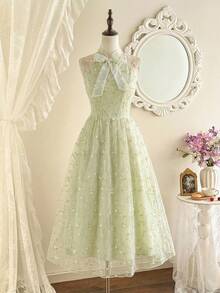 Vintamour Vintage Elegant Women's Dress Floral Embroidery Mesh Bow Tie Casual Holiday Dress Summer Dresses For Women Summer Holiday Outfits Spring Outfit Women Spring Dress Women Spring Clothing Spring Break Outfits Spring Clothes Women Elegant Dresses For Party Elegant Party Dresses For Women Wedding Guest Dress For Women Wedding Party Dress Graduation Dress Elegant Ceremony Dresses Elegant Dresses For Women Formal Dress - Green - View 3