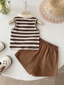 SHEIN LMoss Kids Bộ đồ thường ngày cho bé gái, gồm áo vest và quần short in hoa và kẻ sọc. - Nhiều màu - Xem 2