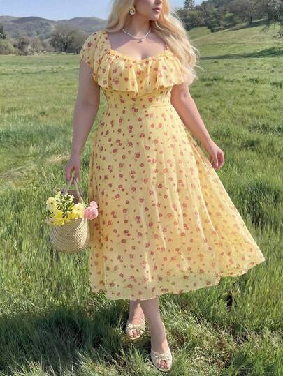 Lyrianda Plus Size Women Ditsy Floral Ruffle Hem Elegant Sweet Cute Dress