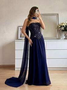 Modelyn Elegant Sequin Embellished Long Sleeve Dress, High-End Formal Gown For Banquet Women's Formal Evening Dress Gown (Heavy Embroidery) Women Rhinestone Embellished Sheer Black Long Evening Gown, Wedding Guest Dress, Elegant Evening Dress, Prom Dress, For Wedding Dress Waist And Chest Slimming, Party Dress, Formal Dress - Navy Blue - View 6