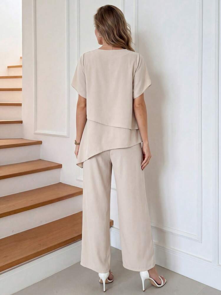 Women's Solid Color Round Neck Long Top And Wide Leg Pants Casual Suit,Summer Set For Women,Mother's Day ,Casual Set For Women,Vacation Outfits Women