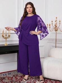 Reflora Plus Size Elegant Mesh Patchwork Top And Pants 2 Pieces Set - Purple - View 3