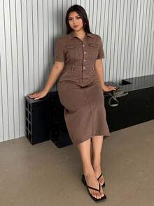 Dazy Plus 深蓝色水洗短袖修身长款牛仔连衣裙，夏季牛仔服饰 - 棕色 - 查看 3