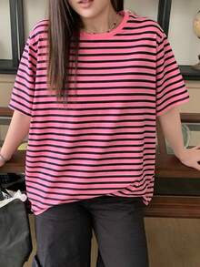 Dazy Plus Plus Size Colorblock Striped Round Neck Loose Short Sleeve Pink T-Shirt, Spring/Summer Oversized - Hot Pink - View 3