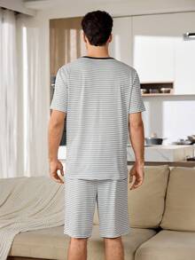 CoupledUp Striped Print Short Sleeve & Shorts Pajama Set With Fake Placket For Men - Multicolor - View 2