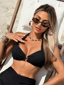 Swim Basics Women's Black Summer Cute Beach Holiday Metal Ring Halter Bikini Top,Adjustable Bowknot Strap Removable Padded Ribbed Swimwear 2 Pieces Y2k Set - Black - View 6