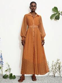 Aveloria Modichic 優雅性感馬卡龍色秋季茶會高爾夫雪紡襯衫洋裝，法式復古波希米亞海灘度假顯瘦抓皺腰帶洋裝 - 芥末黃 - 查看 3