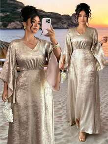 Elenzga Plus Size Elegant V-Neck Waist Cinched A-Line Dress,Asymmetric Sleeve Design,High-End Cocktail Party,Wedding, Al-Adha,Gold,Winter,Modest,Graduation - Gold - View 3