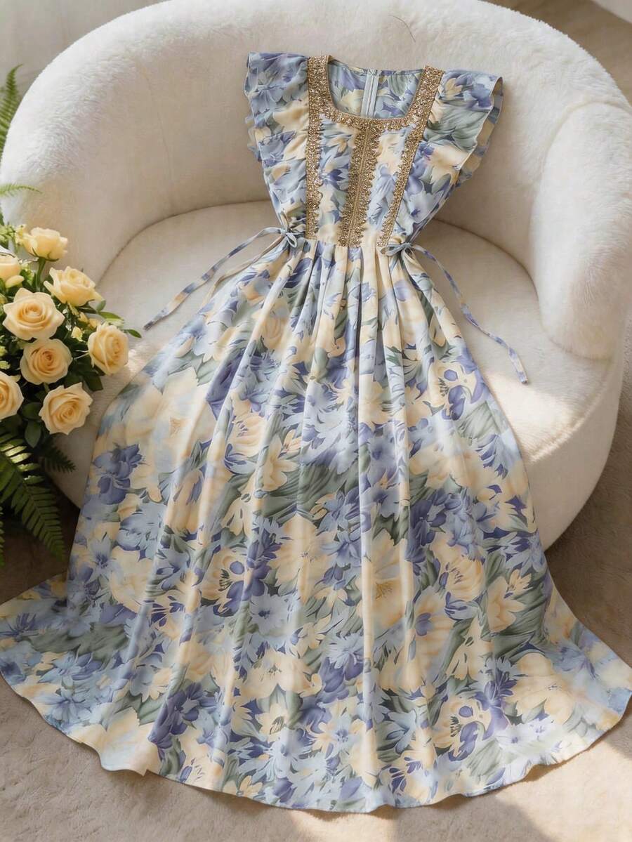 GlowEve 花卉印花金色滚边拼接短袖优雅女式连衣裙 - 藍色 - 查看 1