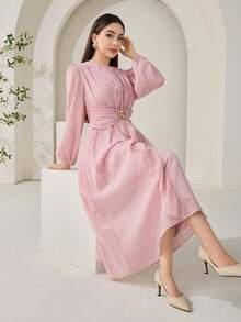 Solavon Damen Einfarbiges Kleid mit Metalldekoration, Rüschen, Patchwork und elegantem Taillenband für Partys - Pink - Übersicht 4