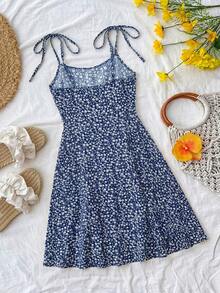 Teen Girls Yellow Woven Floral Print Holiday Leisure Ditsy Floral Print Spaghetti Strap Dress,Pastel Dresses ,Summer Clothes,Sun Dress,Vacation Dress Graduation Suitable For Spring & Summer Daily, Outing, Vacation, Holiday Wear, Stylish Girls, Casual Wear, New Style, Homecoming, Chill Vibe Outfits, Back To School, Girly Style T Shirt - Blue - View 2
