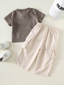 SHEIN 2pcs/Set Baby Boy Casual Letter Print Short Sleeve T-Shirt Top And Wide Leg Pants Set, Summer & Spring - Multicolor - View 2