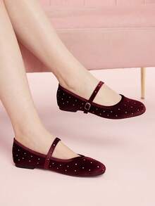 CUCCOO DOLLMOD Velvet Rivet Rhinestone Mary Jane Women's Shoes Spring And Summer New Commuting Fashion And Comfort Low Vamp Buckle With Flat Ballet Shoes - Burgundy - View 2