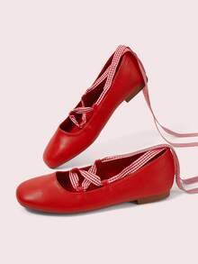 CUCCOO DOLLMOD Zapatos de ballet casuales de punta cuadrada con correa a cuadros rojos para mujeres y niñas, zapatos planos de nueva primavera de escote bajo y versátiles - Rojo - Ver 11