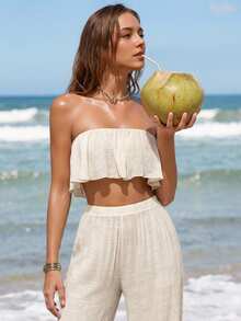 SHEIN Swim 2入組女士休閒荷葉邊上衣和褲子套裝 - 米色 - 查看 3