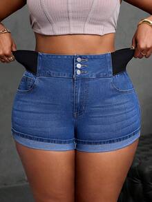 SHEIN SXY Women Plus Mini Shorts With Elastic - Blue - View 1