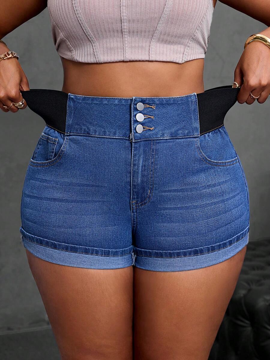 SHEIN SXY Women Plus Mini Shorts With Elastic - Blue - View 1