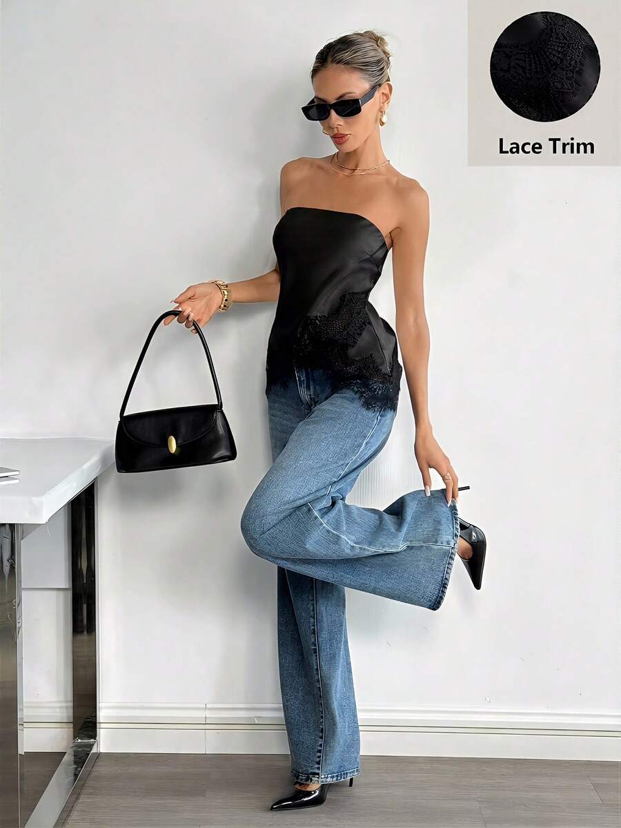 Siren Gaze Matte Satin Lace Trim Bandeau Top,Summer Top - Black - View 1