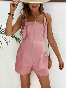 SHEIN Maternity Summer Minimalist Solid Color Double Pocket Backless Jumpsuit - Pink - View 3