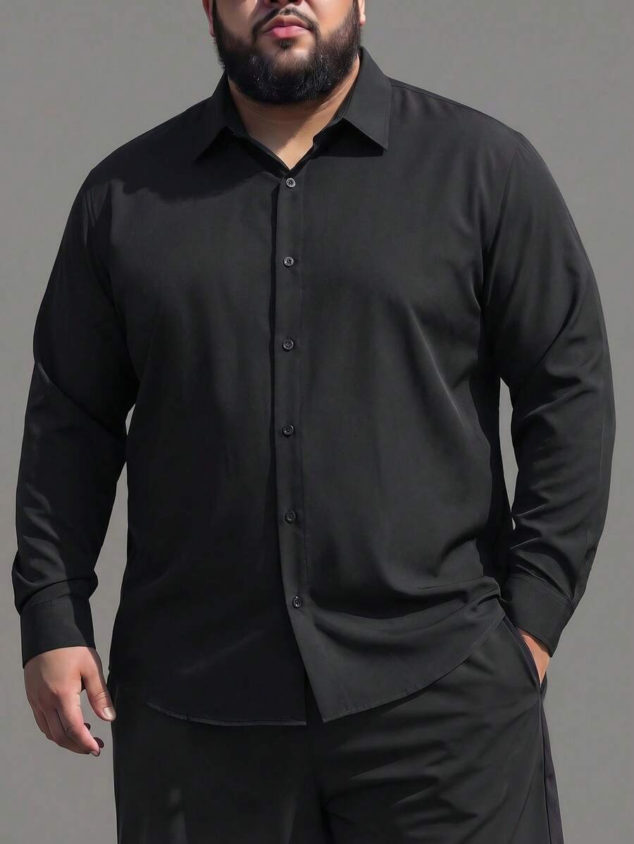 Manfinity Homme Plus Size Men Casual Solid Color Long Sleeve Shirt For Autumn, For Fall - Black - View 1
