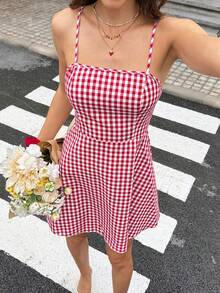 SHEIN Frenchy 女士格子露背系带迷你连衣裙 - 彩色 - 查看 5