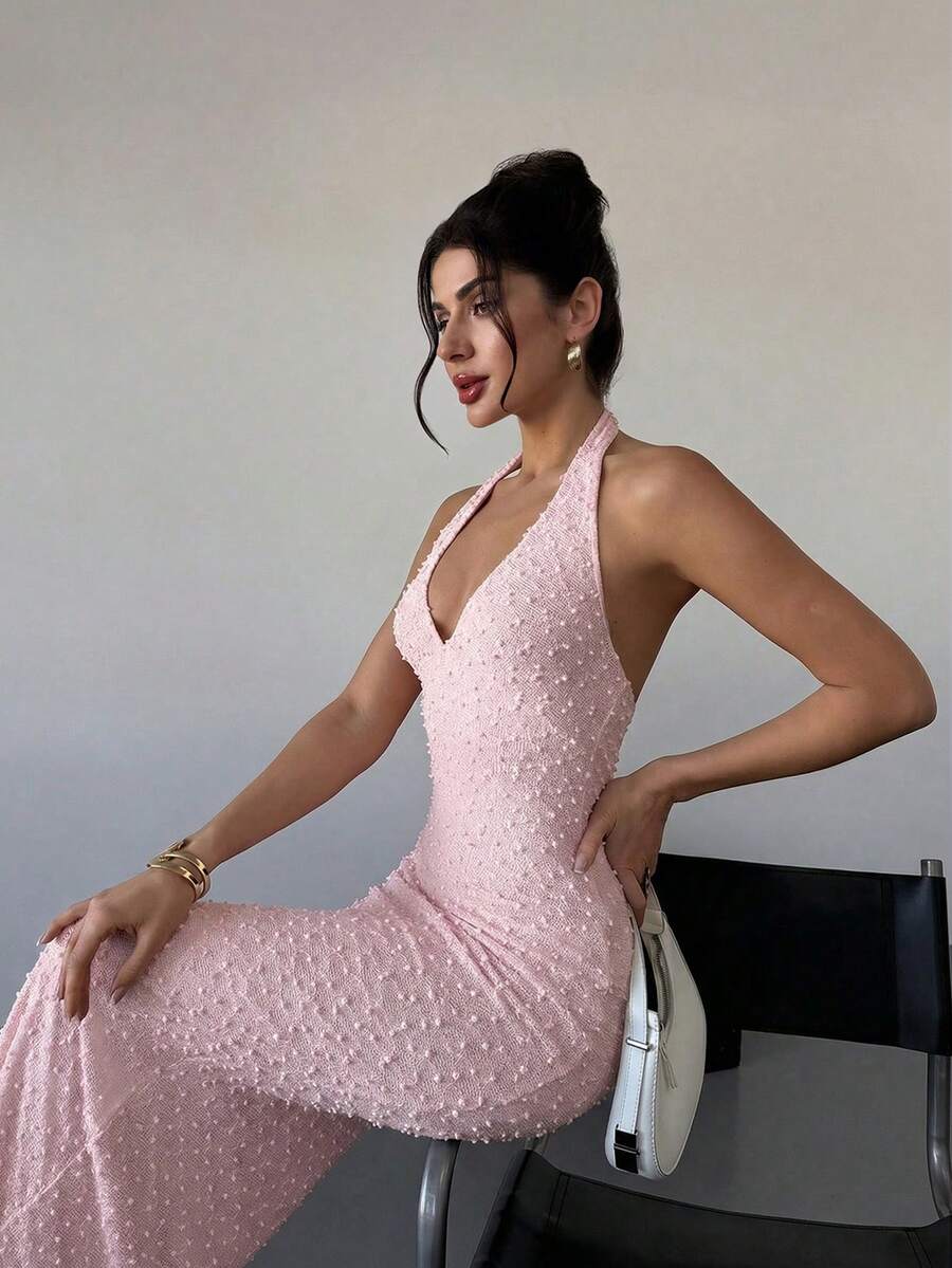 Firerie Elegant Romantic V-Neck Sleeveless Textured Bodycon Maxi Dress, Suitable For Date Nights, Spring/Summer,Summer Dresses For Women - Baby Pink - View 1