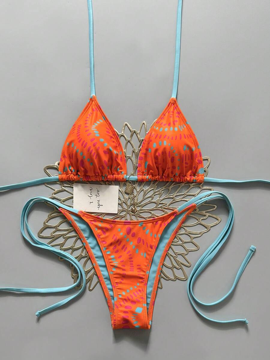 SHEIN Swim Mod Bộ bikini tam giác phong cách retro ngọt ngào và quyến rũ mùa Xuân/Hè 2026, áo tắm hai mảnh cao cấp tối giản, buộc dây, dành cho vòng ngực nhỏ. - Nhiều màu - Xem 1