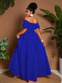 Maweii Plus Size Solid Color Off-Shoulder Short Sleeve Hollow-Out Fashionable Long Ruffle Hem Maxi Dress For Summer - Royal Blue - View 2