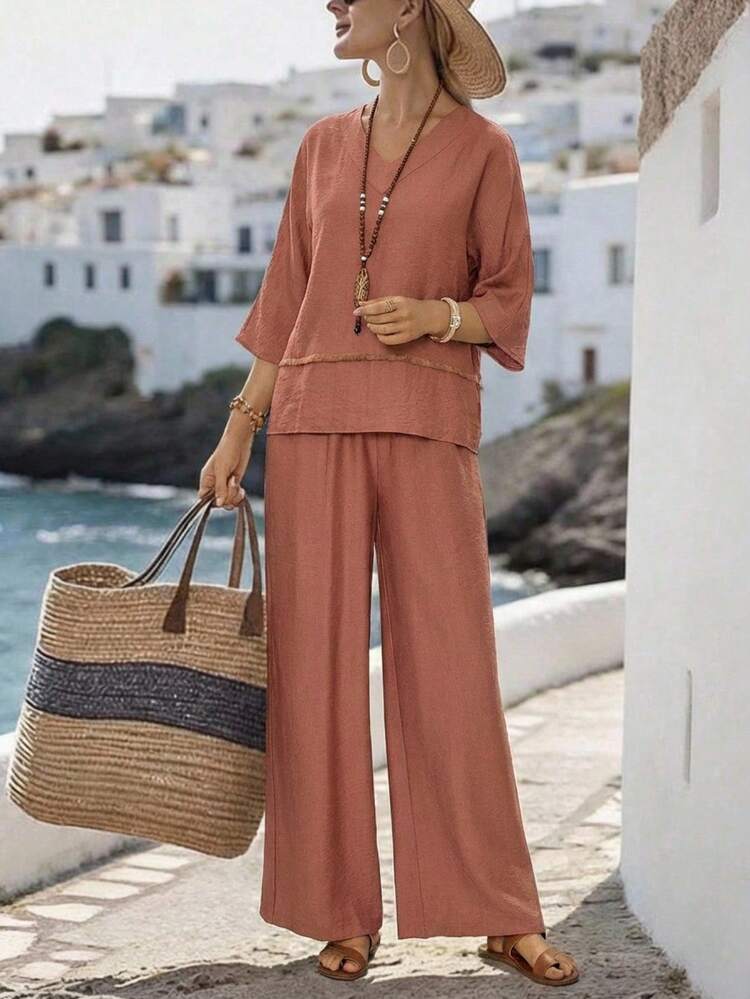 Women's Solid V-Neck 3/4 Sleeve Shirt And Wide Leg Pants Casual 2 Pieces Set Summer Outfits For Women Casual Sets For Women Vacation Outfits Women Holiday Outfits For Women Summer Holiday Outfits Country Style For Women Two Piece Set Women Summer Two Piece Set 2 Piece Vacation Outfit Two Piece Vacation Set 2-Piece Going Out Sets For Women Matching Sets For Women Women's Blouse Set