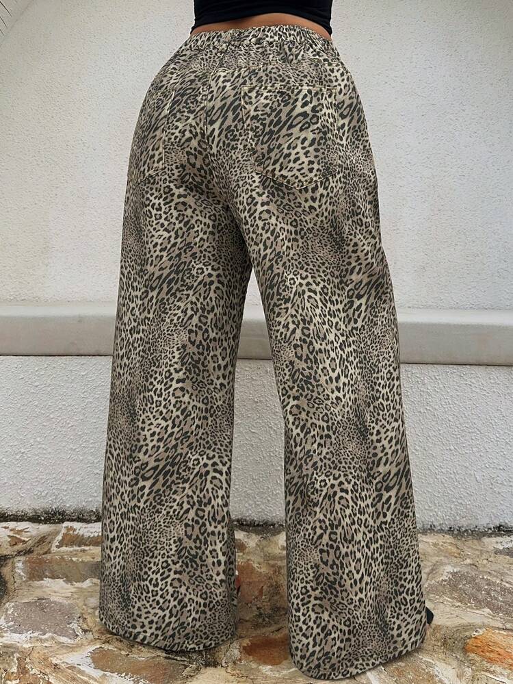 Dazy Plus Plus Size Women Leopard Print Loose Wide Leg Casual Jeans, Suitable For All Seasons