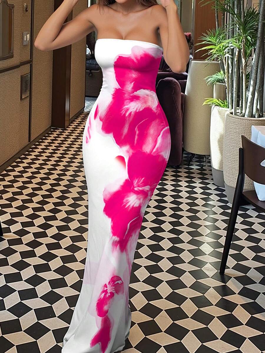 INAWLY Kvinnor, blommig Tie-Dye Print Fitted Elegant Midi-klänning - Multifärgad - Visa 1