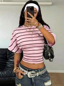 Coolane Women's Casual Striped Ruched Waist Cropped T-Shirt, Summer,Summer Top - Multicolor - View 3