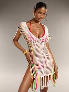 Swim Vcay 女士拼接镂空流苏设计休闲度假连衣裙 - 彩色 - 查看 5