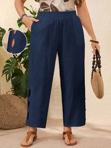 Rosumi Plus Size Vacation Casual Solid Color Hollow Out Pants,Summer Outfits For Women,Vacation Outfits Woman - Navy Blue - View 9