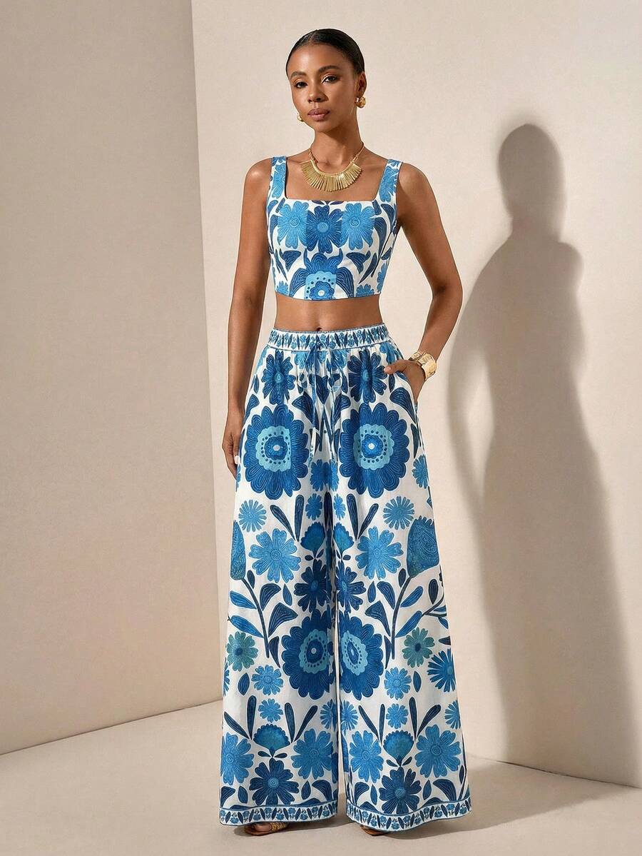 New Spring/Summer Vacation Casual Fishbone Strap Top And Wide Leg Pants With Pockets 2 Pieces Set, Textured Fabric