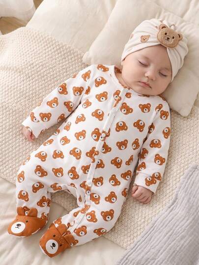 Newborn Footed Romper, Cute Cartoon Bear All-Over Print, Long Sleeve, Snap Front Closure, Convenient For Home & Outdoor Wear, Suitable For All Seasons, Gift
