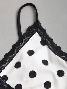 SHEIN Sweetro Đầm ngắn nữ phối ren chấm bi - Màu be - Xem 3