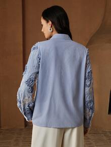 Anewsta Women's Single-Breasted Striped Floral Embroidered Casual Versatile Daily Wear Shirt - Blue - View 2