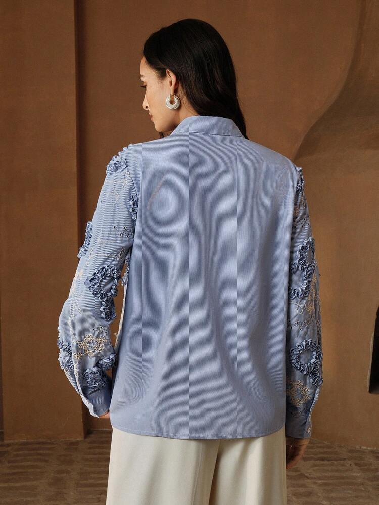 Women's Single-Breasted Striped Floral Embroidered Casual Versatile Daily Wear Shirt