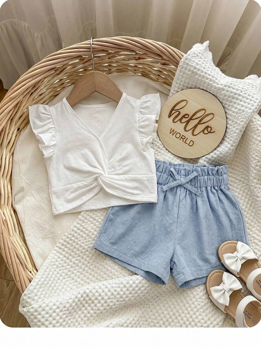 SHEIN Baby Girl Casual Solid Color Twisted Cap Sleeve Top And Shorts Set - Blue - View 1