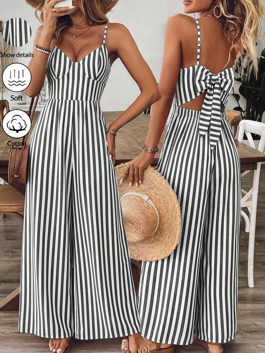 Breezaya Women's Casual Floral Print Loose Jumpsuit With Spaghetti Straps And Open Back, Spring/Summer - Black and White - View 1