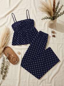 SHEIN PETITE Women's Casual Black Polka Dot Print Camisole And Pants 2 Pieces Set, Cute Polka Dot 2 Pieces Set For Summer, Polka Dot 2 Pieces Set For Valentine's Day Polka Dot Outfit 2 Pcs Set Women Summer,Vacation Outfits Women - Navy Blue - View 7